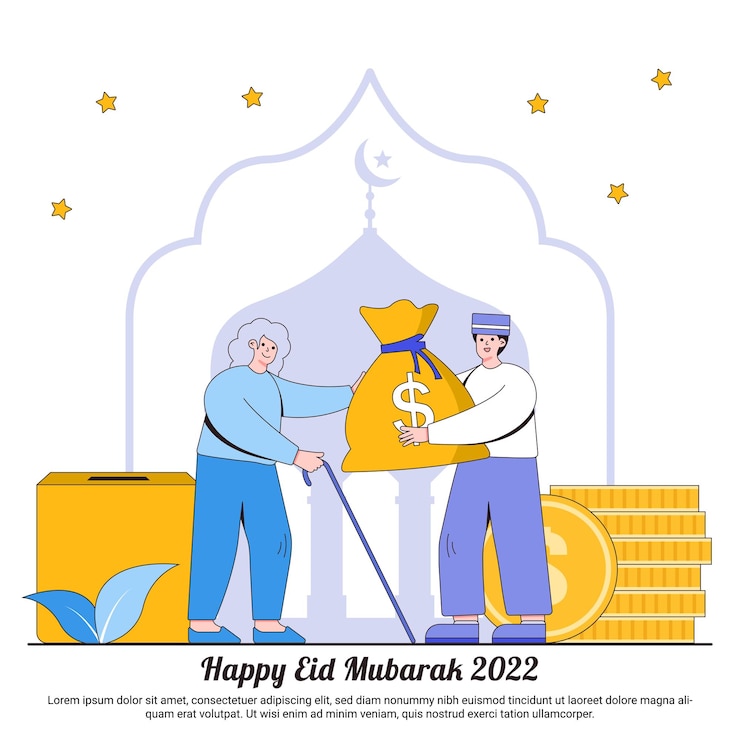 Vector feliz ramadán mubarak conceptos de donación de caridad con moneda estrella y personajes musulmanes que dan una bolsa de dinero a las personas mayores ilustraciones islámicas de eid fitr para la plantilla de página de destino web anuncio social