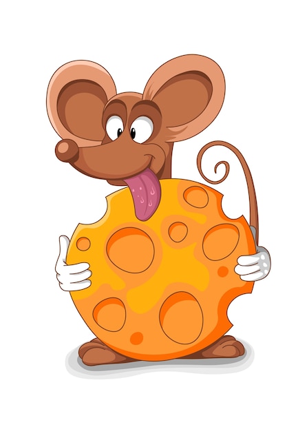 Vector feliz ratón de dibujos animados - ilustración vectorial. mordido pedazo de queso.