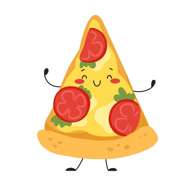 Feliz rebanada de pizza con tomates y queso Carácter de comida rápida Ilustración de vector de comida