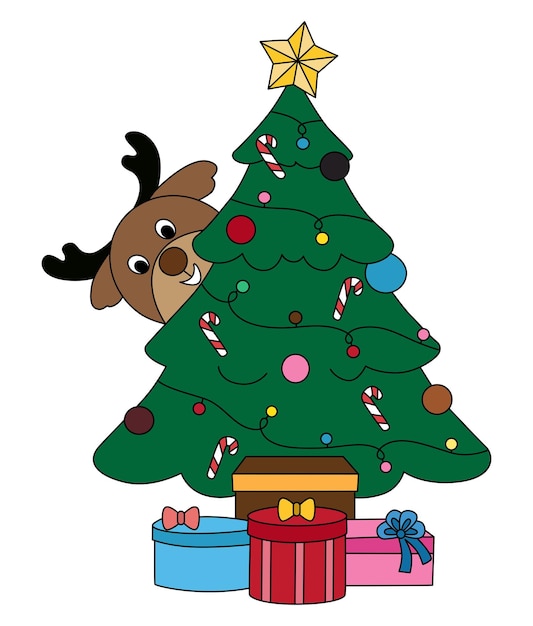 Feliz reno en un árbol de Navidad y regalos