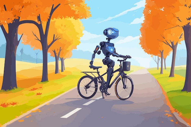 Vector feliz robot humanoide anda en bicicleta por el callejón de otoño