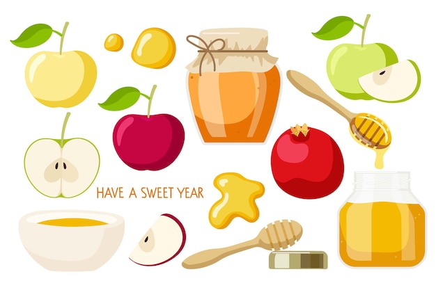 Feliz Rosh Hashaná establece Apple fruta miel granada año nuevo judío vacaciones Shana Tova vector