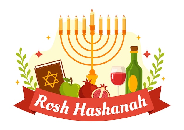 Feliz Rosh Hashanah Vector Ilustración de vacaciones de año nuevo judío con miel y abeja en plantillas
