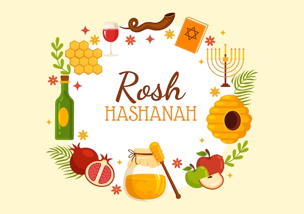 Feliz Rosh Hashanah Vector Ilustración de vacaciones de año nuevo judío con miel y abeja en plantillas