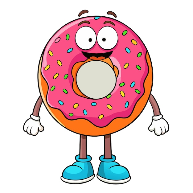 Feliz rosquilla de dibujos animados con salpicaduras y frosting rosa