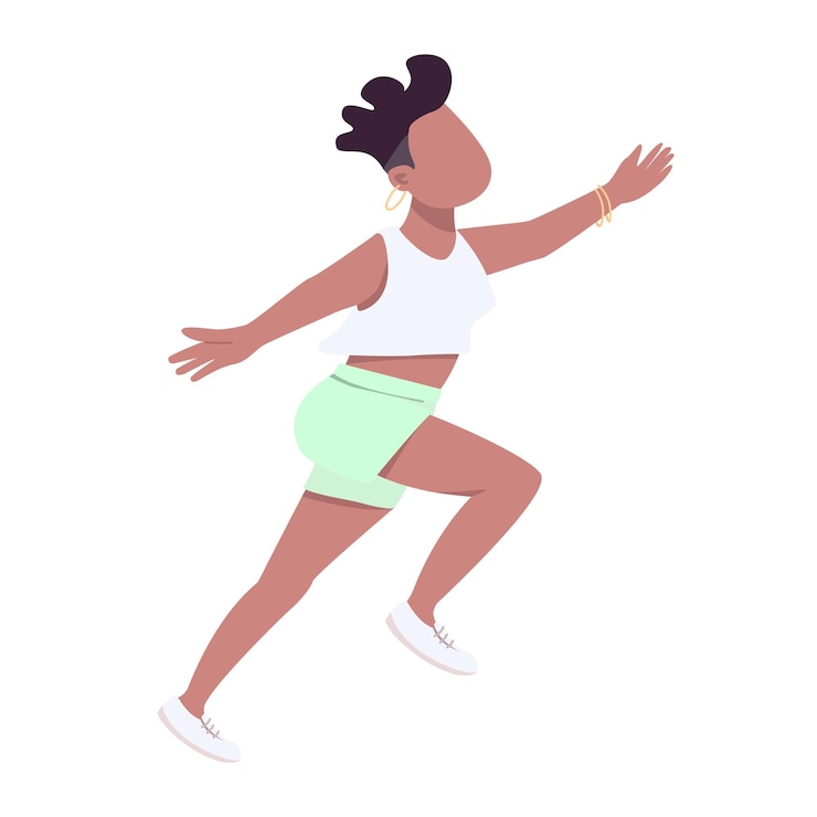 Vector feliz saltando mujer joven personaje de vector de color semi plano mostrando felicidad figura corriente persona de cuerpo completo en blanco ilustración de estilo de dibujos animados simple para diseño gráfico web y animación