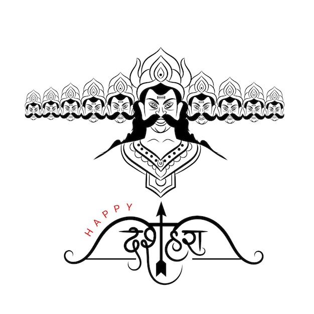 Feliz saludo de dussehra con la ilustración del contorno de la cabeza de ravana y la caligrafía hindi