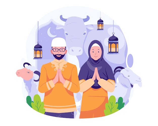 Feliz saludo de Eid Al Adha Mubarak con una pareja musulmana celebra la ilustración de Eid Al Adha