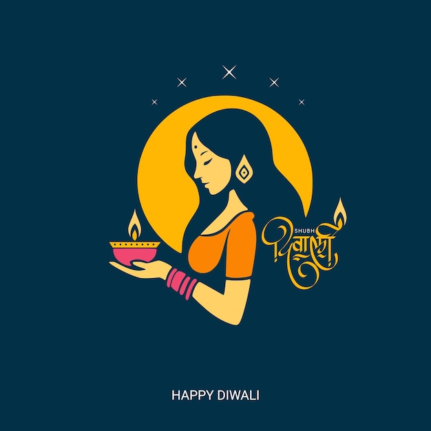 Feliz saludo del festival Diwali con mujeres indias sosteniendo diya y caligrafía hindi