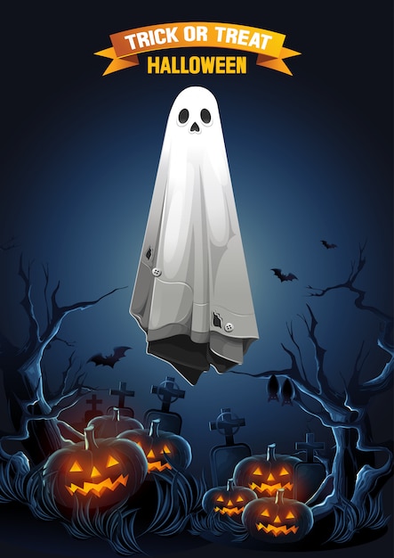 Feliz saludo de Halloween con Ghost flotando en el aire y calabazas en la noche.