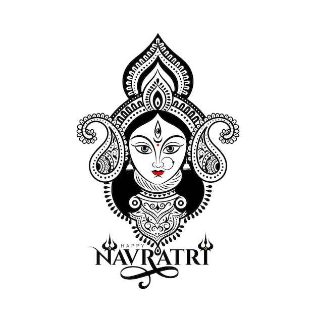 Feliz saludo Navratri con ilustración de la cara de Maa Durga y arte tipográfico