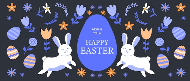 Feliz saludo de Pascua con diseño floral geométrico con conejitos y huevos