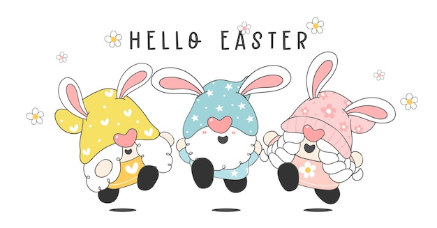 Feliz saludo de Pascua grupo de tres lindos felices divertidos Gnome orejas de conejo pastel celebrando la primavera elfo dibujos animados dibujo contorno vector felices fiestas