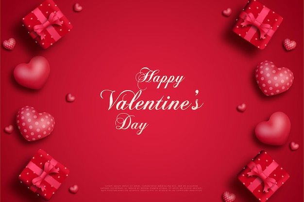 Feliz San Valentín con cuatro globos de amor y una caja de regalo en cada rincón