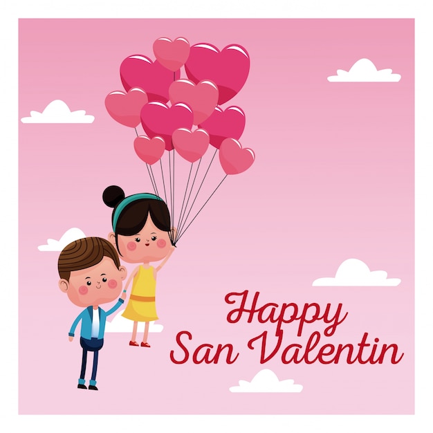 Feliz san valentín tarjeta pareja rama globos cielo rosa