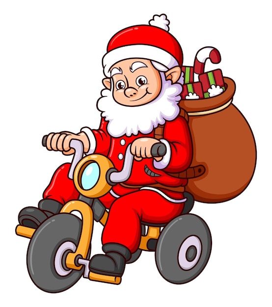 El feliz santa claus anda en bicicleta con la bolsa llena de bastones de caramelo