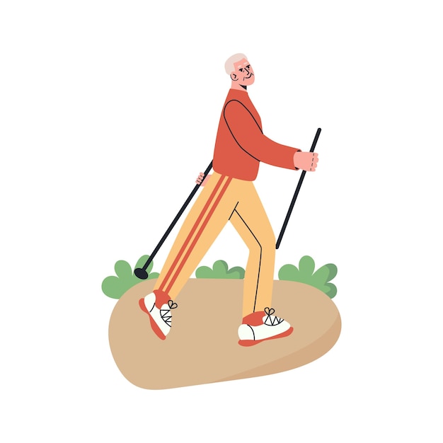 Feliz senior haciendo caminata nórdica con stikcs en el parque Los hombres mayores llevan un estilo de vida activo vector plano
