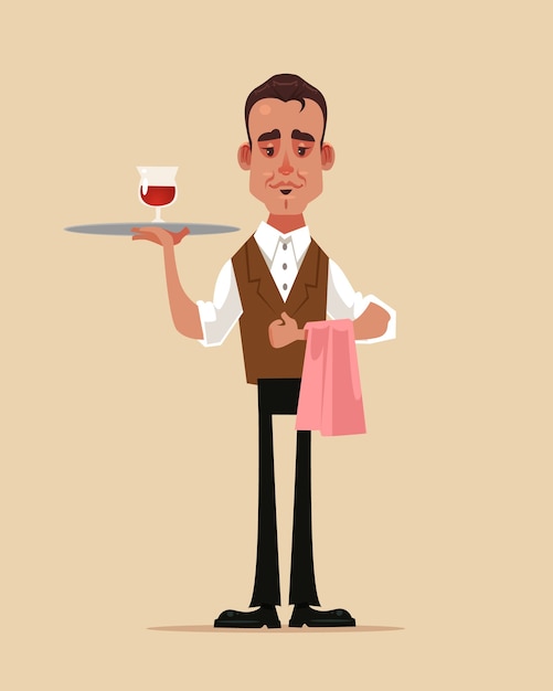 Feliz sonriente camarero hombre niño personaje sosteniendo bandeja con vidrio ilustración de vino tinto