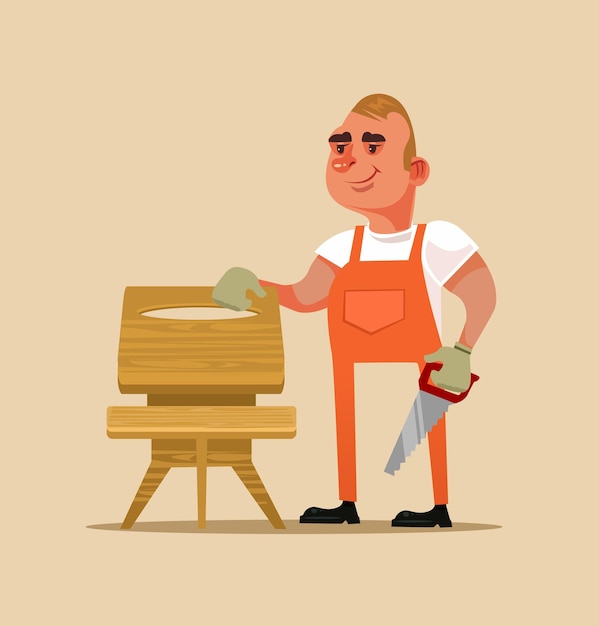 Feliz sonriente constructor de muebles hombre trabajador manual carácter haciendo mesa de madera. ilustración aislada gráfico del diseño de la historieta plana del concepto hecho a mano