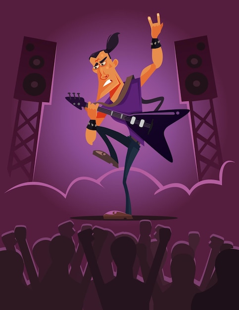 Feliz sonriente guitarrista hombre personaje de dibujos animados plana ilustración