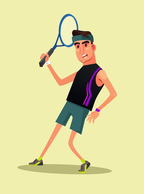 Feliz sonriente hombre jugador personaje jugar tenis ilustración de dibujos animados plana