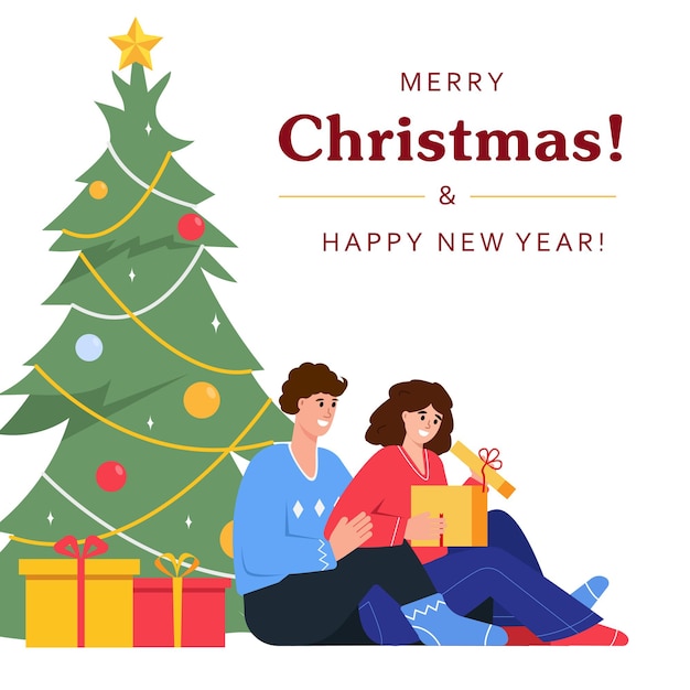 Feliz sonriente hombre y mujer abren caja de regalo cerca del árbol de Navidad.