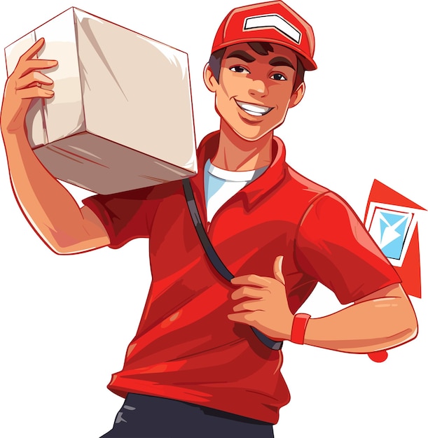 Vector feliz sonriente joven repartidor con gorra roja sosteniendo un paquete blanco con sus manos ilustración vectorial