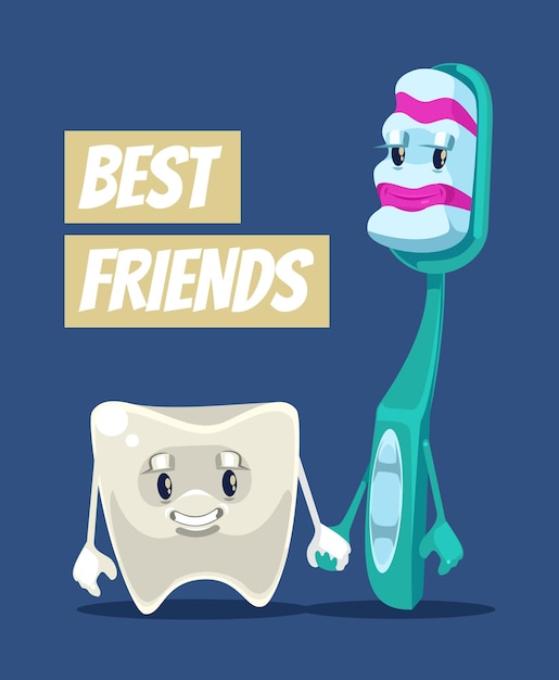 Feliz sonriente limpia dientes y personajes de cepillo mejores amigos ilustración de dibujos animados plana