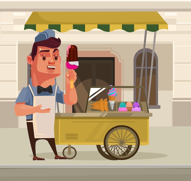 Feliz sonriente mascota de carácter vendedor de helados de pie cerca del coche de helados
