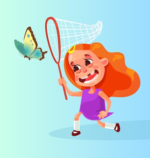 Feliz sonriente mascota de personaje de niña pequeña jugando y corriendo persiguiendo a la mariposa. dibujos animados