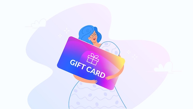 Feliz sonriente mujer abrazando gran tarjeta de regalo ilustración de vector degradado de personas usan cupones de regalo