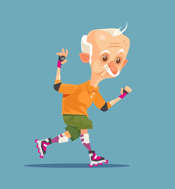 Feliz sonriente personaje de abuelo anciano en patinaje sobre ruedas