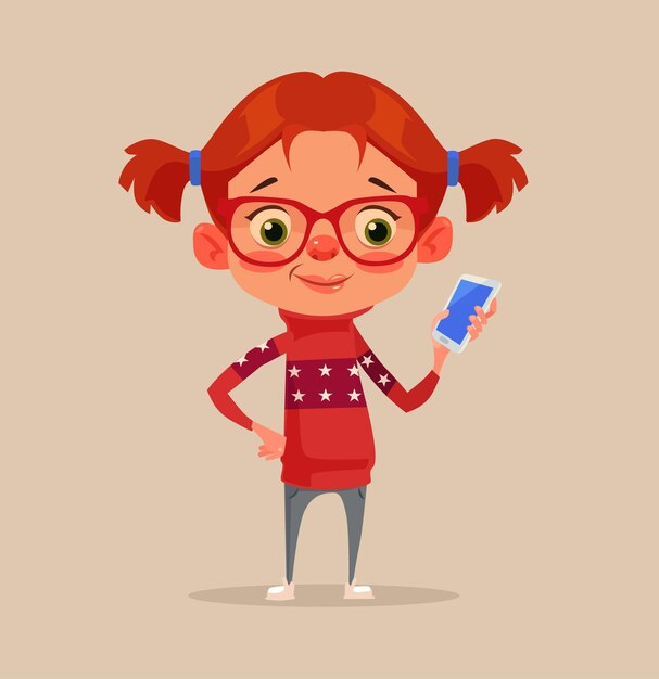 Feliz sonriente personaje adolescente niña niño con smartphone. dibujos animados