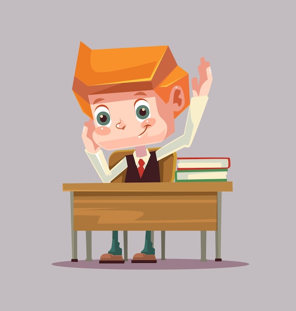 Feliz sonriente personaje de colegial levantando la mano