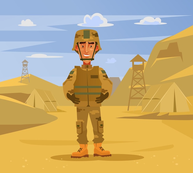 Vector feliz sonriente personaje de hombre soldado de pie en el fondo del campamento