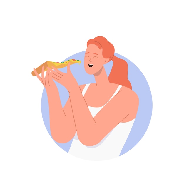 Feliz sonriente personaje de mujer joven comiendo deliciosa rebanada de pizza comida rápida italiana con placer