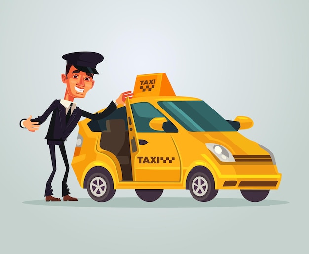 Vector feliz sonriente personaje de taxista invita a viajar en su coche ilustración de dibujos animados plana