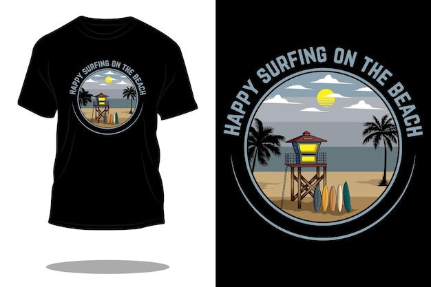 Feliz surf en el diseño de camiseta retro de playa