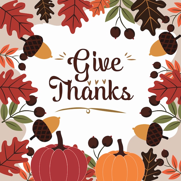 Feliz tarjeta de Acción de Gracias con hojas de otoño y bellotas diseño gráfico de ilustración vectorial