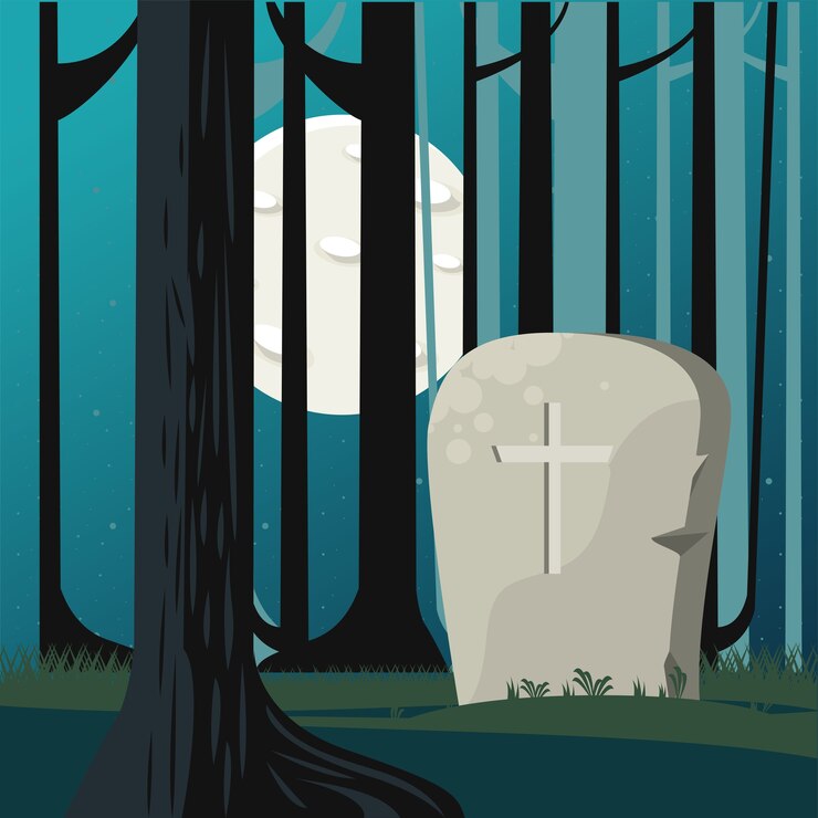 Vector feliz tarjeta de celebración de halloween con tumba en la escena del bosque.