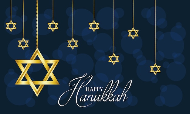 Feliz tarjeta de celebración de hanukkah con estrellas colgando