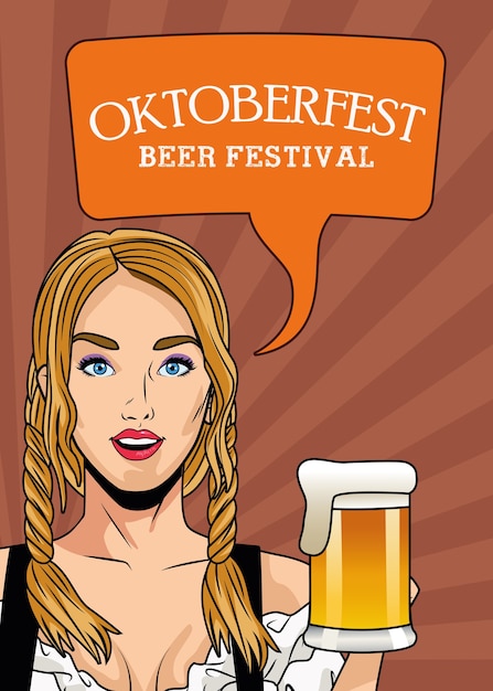 Vector feliz tarjeta de celebración de oktoberfest con hermosa mujer bebiendo cerveza