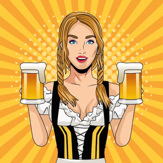 Vector feliz tarjeta de celebración de oktoberfest con hermosa mujer bebiendo cervezas