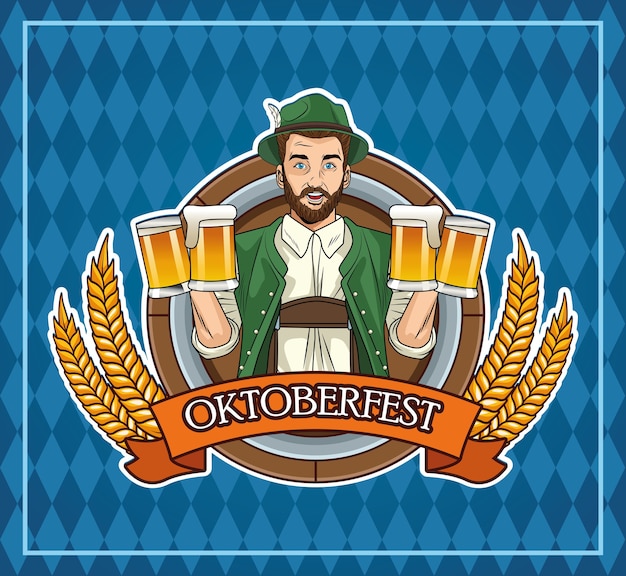 Feliz tarjeta de celebración de oktoberfest con hombre alemán bebiendo cervezas y bandera