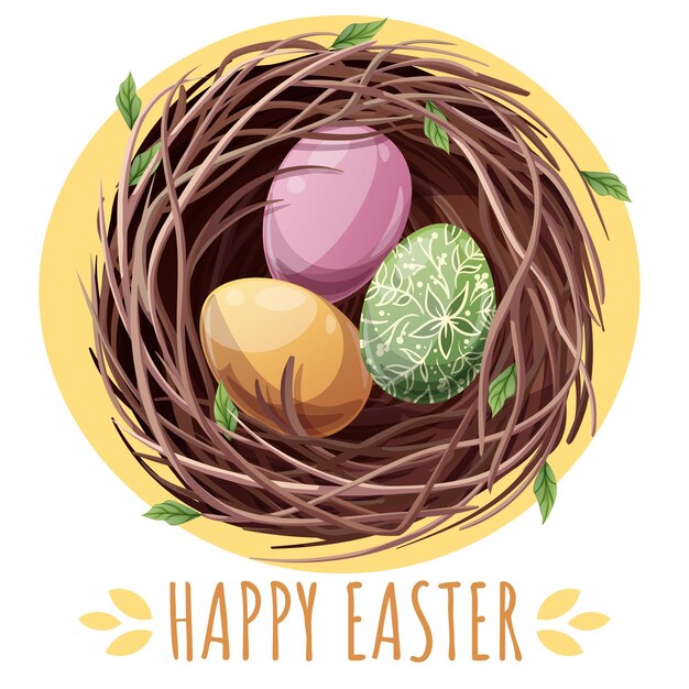 Feliz tarjeta cuadrada de Pascua con nido de pájaros y huevos coloridos feliz diseño de Pascua perfecto para carteles