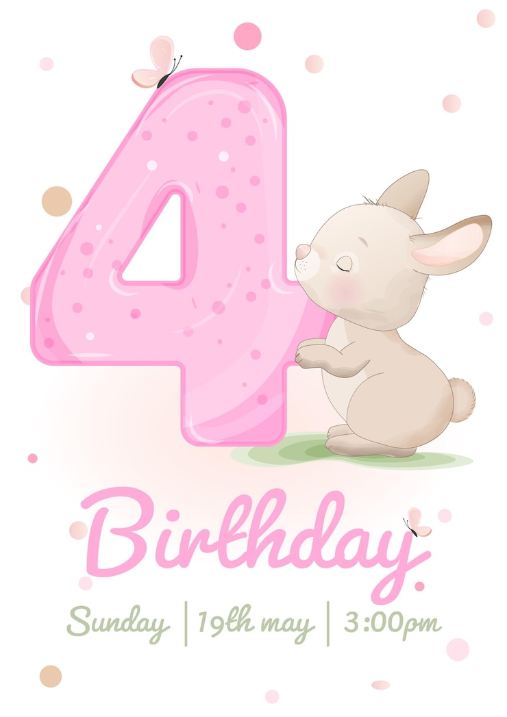 Vector feliz tarjeta de cumpleaños para 4 años tarjeta de invitación con conejo lindo ducha de bebé y cumpleaños de niños