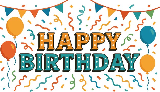 Feliz tarjeta de cumpleaños con globos y confeti