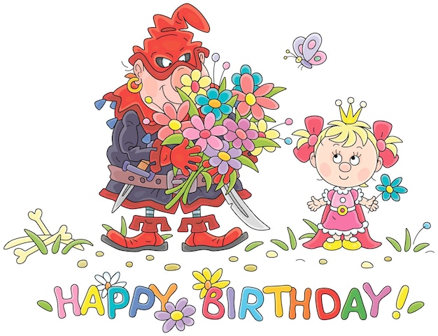 Vector feliz tarjeta de cumpleaños con una linda princesa y un gran ogro terrible con flores de colores