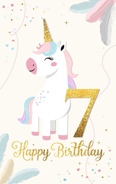 Feliz tarjeta de cumpleaños con el lindo unicornio número siete Unicornio suave plantilla de tarjeta de felicitaciones de nacimiento