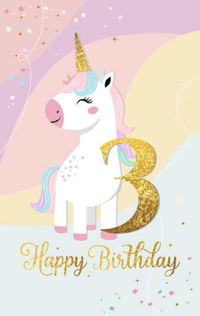 Feliz tarjeta de cumpleaños con un lindo unicornio y el número tres templato de invitación de cumpleañas de unicornio suave